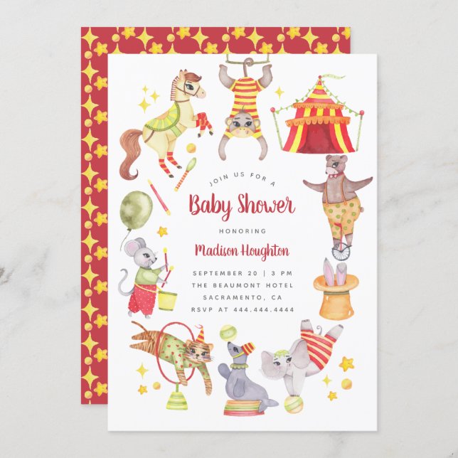 Cute Watercolor Carnival Circus Animal Baby Shower Invitation (Front/Back)