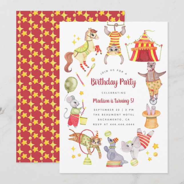 Cute Watercolor Carnival Circus Animal Birthday Invitation (Front/Back)