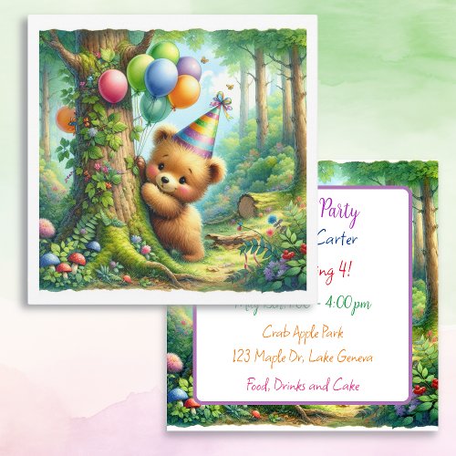 Cute Watercolor Cartoon Baby Bear Cub Birthday Invitation