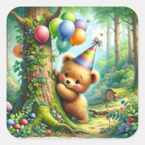 Cute Watercolor Cartoon Baby Bear Cub Birthday Square Sticker