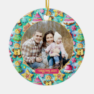 Cute Watercolor Cartoon Gingerbread Cookie Photo Ceramic Ornament