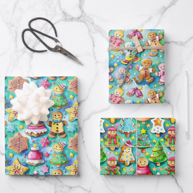 Cute Watercolor Cartoon Gingerbread Cookie Wrapping Paper Sheets (Front)