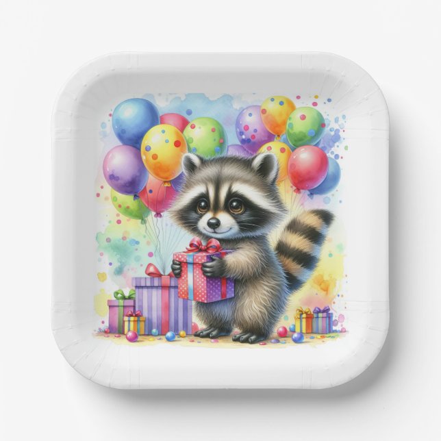 Cute Watercolor Cartoon Raccoon Birthday Paper Plates (Front)