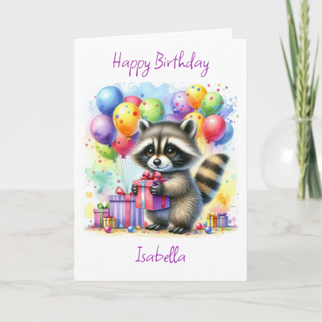 Cute Watercolor Cartoon Raccoon Happy Birthday Card (Front)