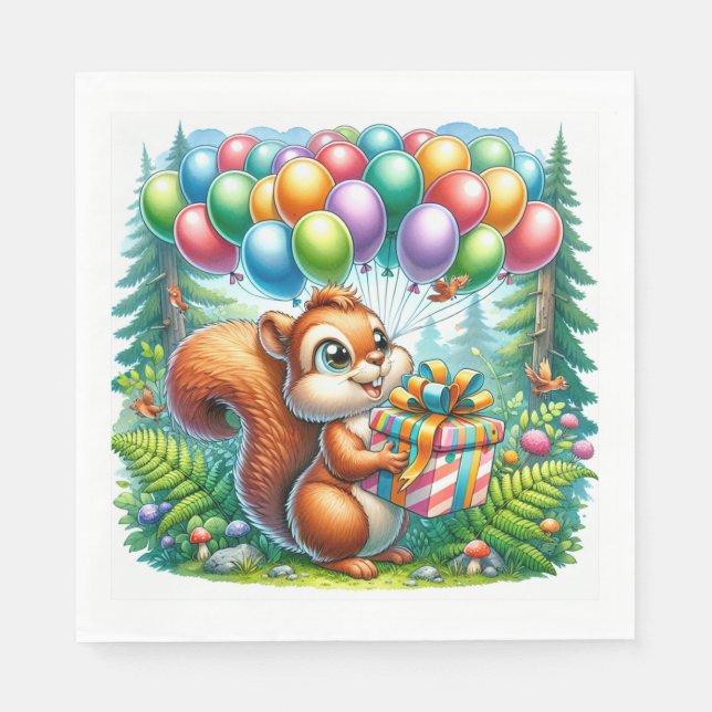 Cute Watercolor Cartoon Squirrel Birthday Napkins (Front)