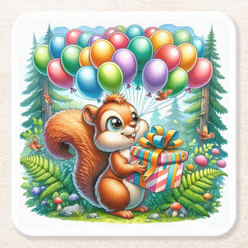 Cute Watercolor Cartoon Squirrel Birthday Square Paper Coaster