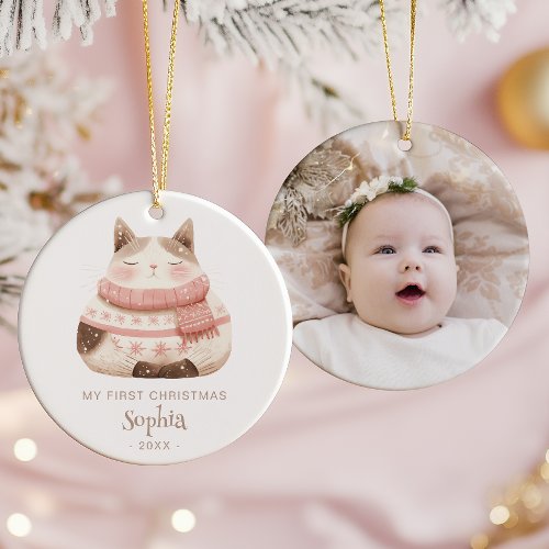 Cute Watercolor Cat Baby's 1st Christmas Photo Ceramic Ornament