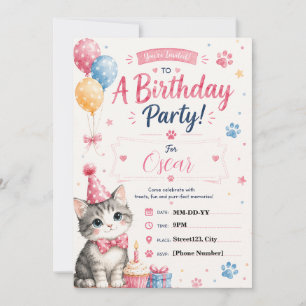 Cute Watercolor Cat Birthday Customizable Invitation