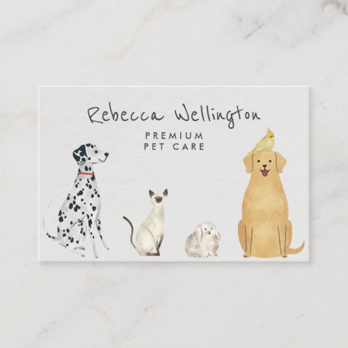 Cute Watercolor Cat Dog Bunny Pet Sitter Walker Business Card