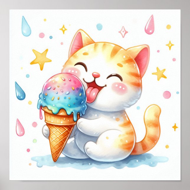 Cute Watercolor Cat Eating Ice Cream Whimsical Poster (Front)