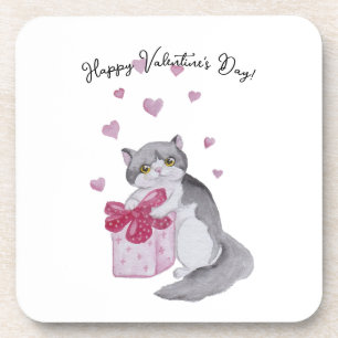 Cute watercolor cat for Valentine's day Beverage Coaster