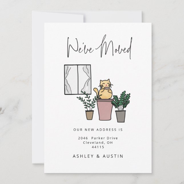 Cute Watercolor Cat Fun We've Moved New Home Announcement (Front)