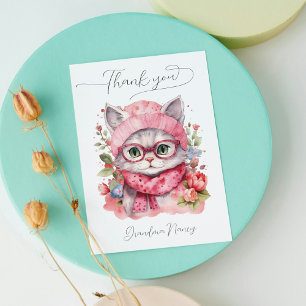 Cute Watercolor Cat Grandma Floral Thank You Card