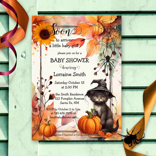 Cute Watercolor Cat Halloween Baby Shower Invitation