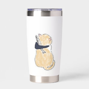 Cute Watercolor Cat Holding Fish Vinyl Sticker Insulated Tumbler