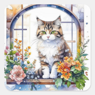 Cute Watercolor Cat in Floral Window Square Sticker