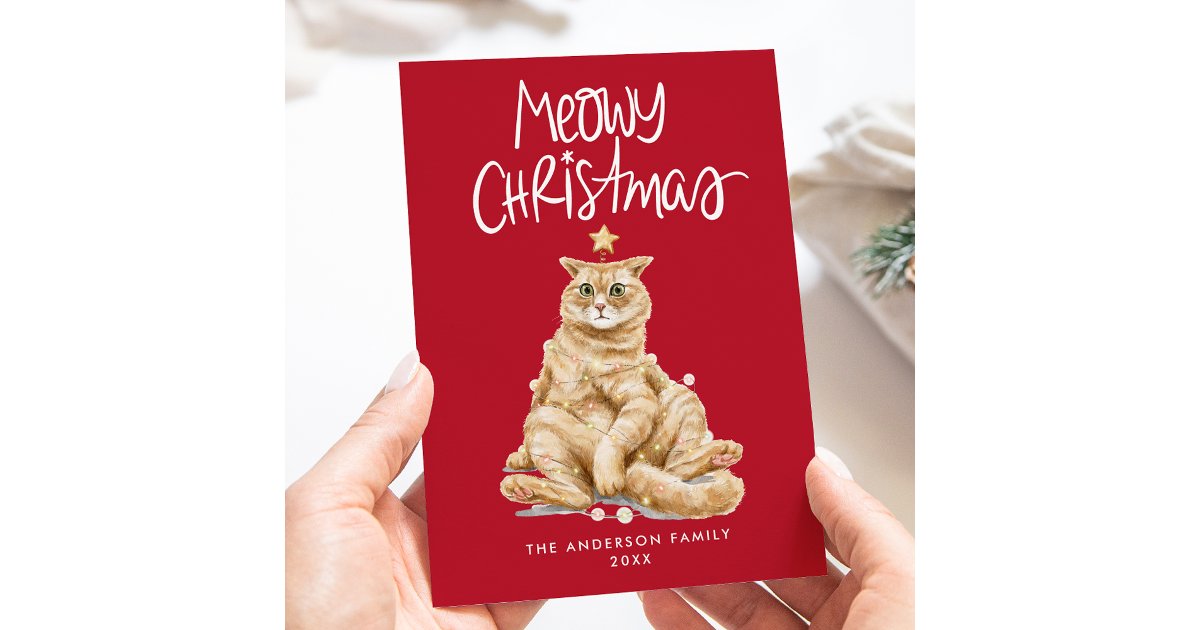 Cute Watercolor Cat Meowy Christmas Non-Photo Holiday Card | Zazzle