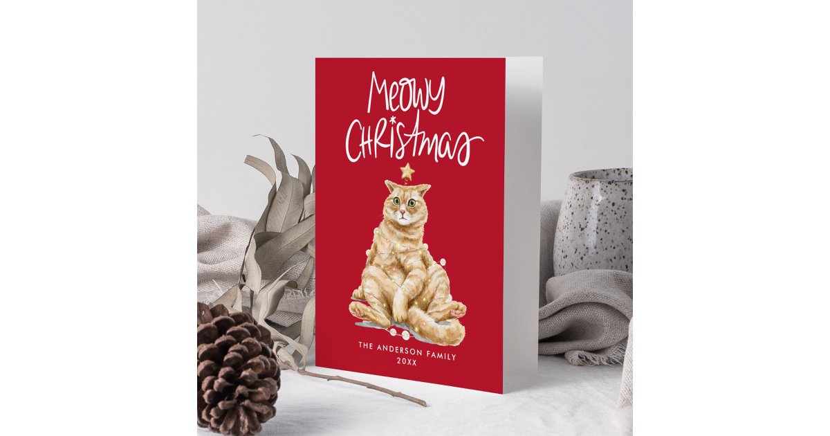 Cute Watercolor Cat Meowy Christmas Non-Photo Holiday Card | Zazzle