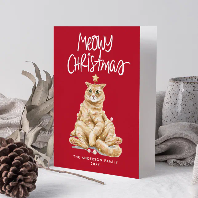 Cute Watercolor Cat Meowy Christmas Non-Photo Holiday Card | Zazzle