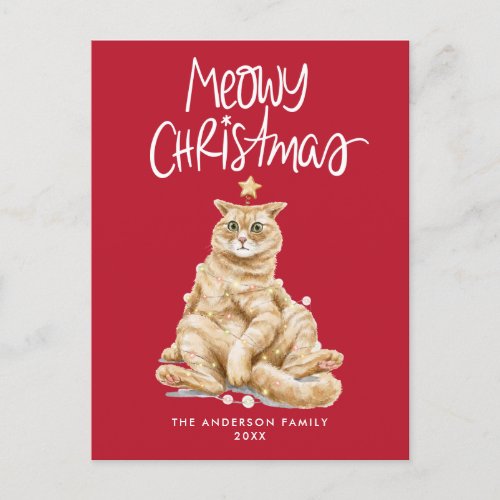 Cute Watercolor Cat Meowy Christmas Non_Photo Holiday Postcard