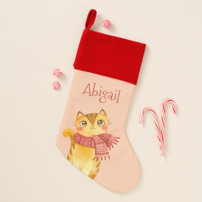 Cute Watercolor Cat Personalized Christmas Stocking (Front)