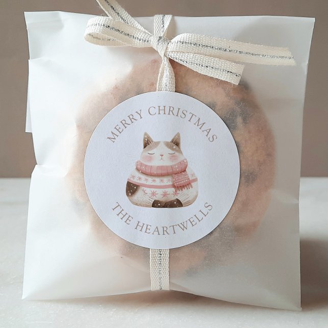 Cute Watercolor Cat Personalized Merry Christmas Classic Round Sticker (Creator Uploaded)