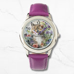 Cute Watercolor Cat Pretty Flowers Girly Watch<br><div class="desc">Cute Watercolor Cat Pretty Flowers Girly Watches features a cute cat sitting in pretty wild flowers. Created by Evco Studio www.zazzle.com/store/evcostudio</div>