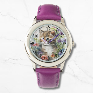 Cute Watercolor Cat Pretty Flowers Girly Watch