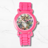 Cute Watercolor Cat Pretty Flowers Girly Watch at Zazzle