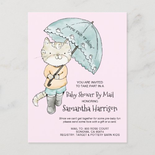 Cute Watercolor Cat Umbrella Baby Shower By Mail Invitation Postcard