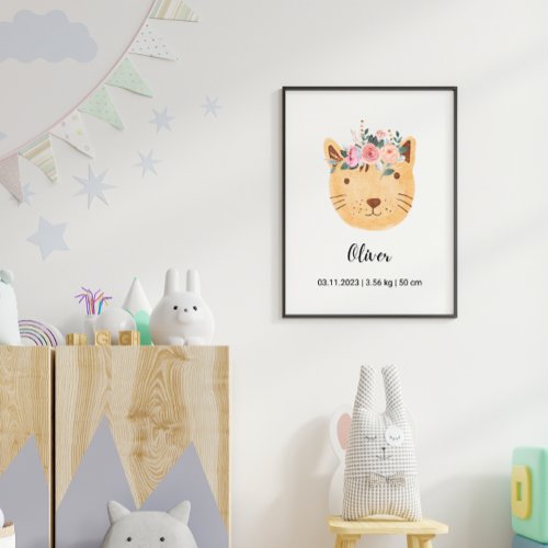 Cute Watercolor Cat wFlowers  Boho Nursery Poster