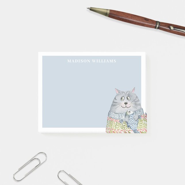 Cute Watercolor Cat with Custom Name Post-it Notes (Creator Uploaded)