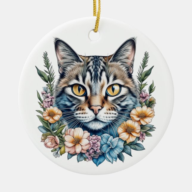 Cute Watercolor Cat with Flowers Christmas Ceramic Ornament (Front)