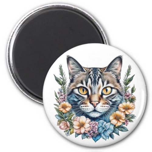 Cute Watercolor Cat with Flowers Magnet