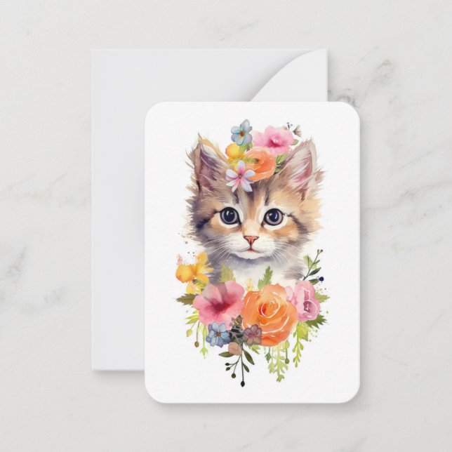 Cute Watercolor Cat with Flowers Note Card (Front)