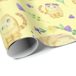 Cute Watercolor Cats and Flowers Pattern Yellow Wrapping Paper