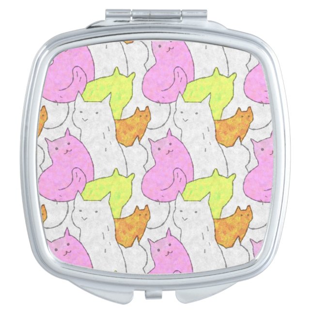 Cute Watercolor Cats Doodle Pattern Compact Mirror (Front)