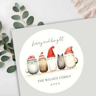 Cute Watercolor Cats Furry and Bright Christmas Classic Round Sticker