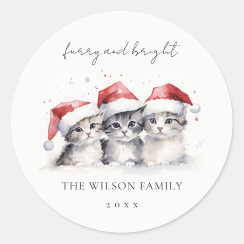 Cute Watercolor Cats Furry and Bright Christmas Classic Round Sticker