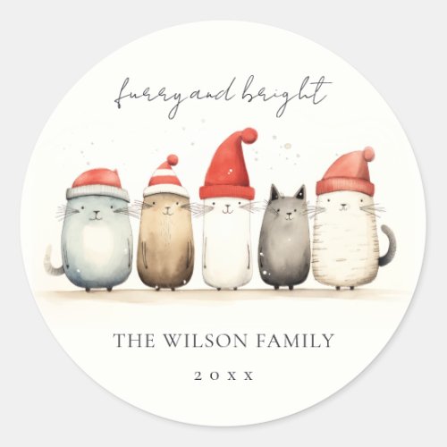 Cute Watercolor Cats Furry and Bright Christmas Classic Round Sticker