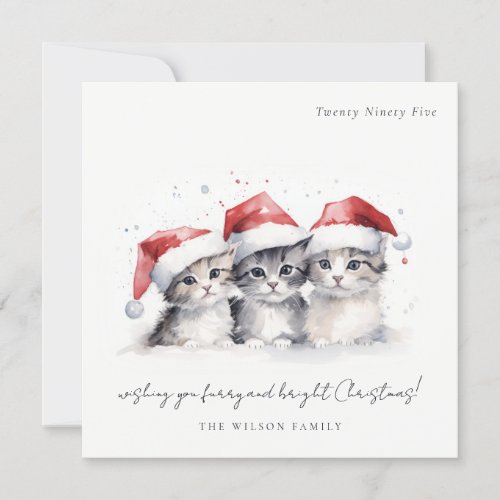 Cute Watercolor Cats Furry and Bright Christmas Holiday Card