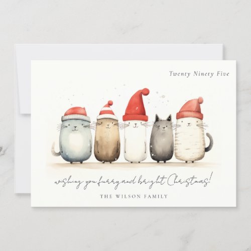 Cute Watercolor Cats Furry and Bright Christmas Holiday Card