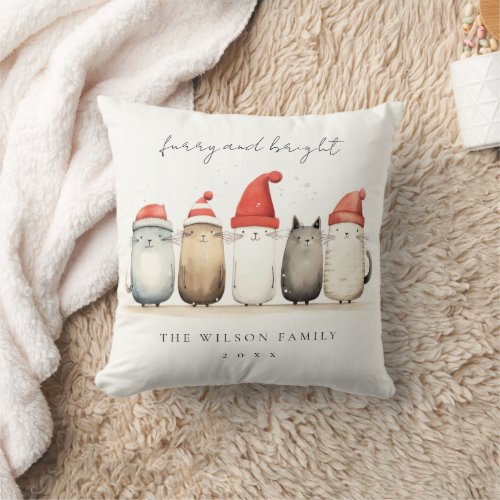 Cute Watercolor Cats Furry and Bright Christmas Throw Pillow