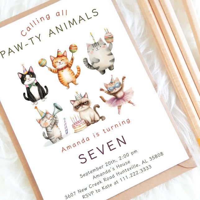 Cute Watercolor Cats Kitten Paw Ty Birthday Party  Invitation (Creator Uploaded)