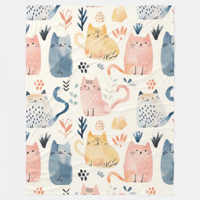 Cute watercolor cats pattern fleece blanket (Front)