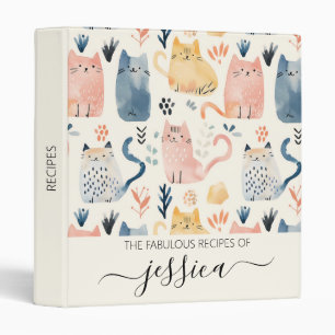 Cute watercolor cats script name recipe 3 ring binder
