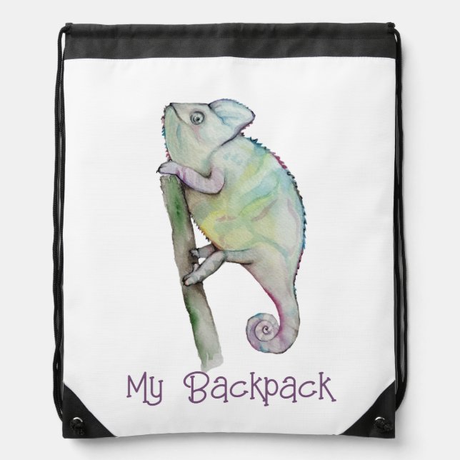 Cute watercolor chameleon drawstring bag (Front)