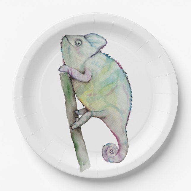 Cute watercolor chameleon paper plates (Front)