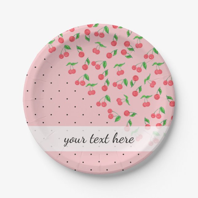 cute watercolor cherry black polka dots pattern paper plates (Front)