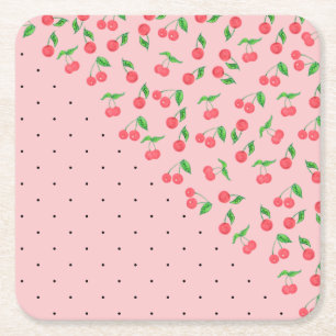 cute watercolor cherry black polka dots pattern square paper coaster